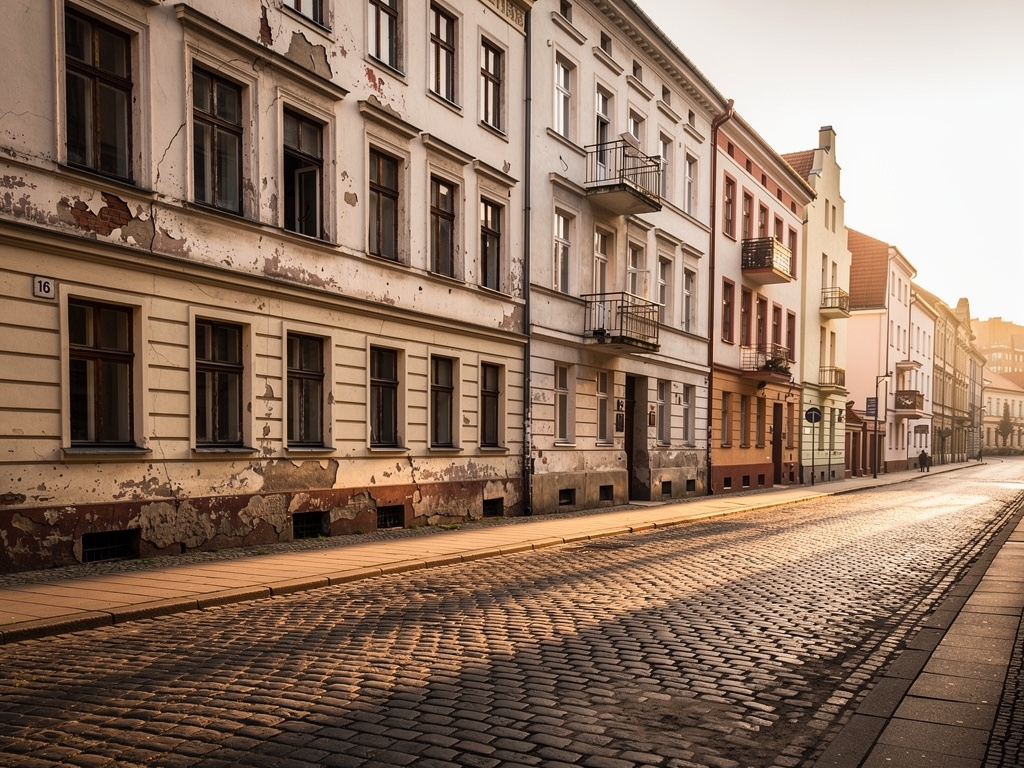 Elewacja starej kamienicy we Wrocławiu z oryginalnymi drewnianymi oknami